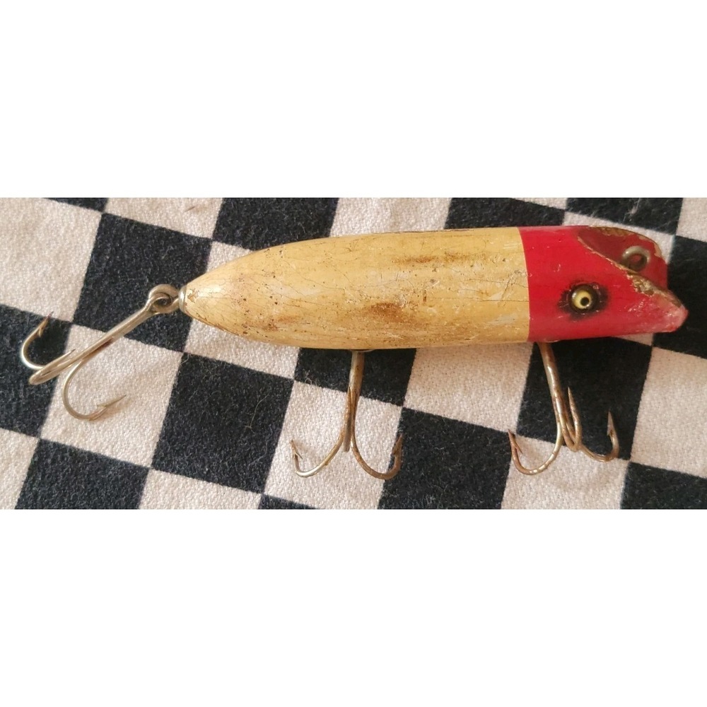 Vintage Wooden Fishing Lure Red Head Cream Body 3β Hook Topwater Plug
